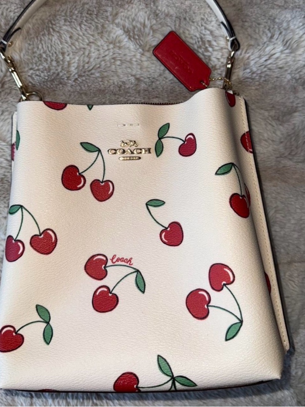 Coach Cream Leather Shoulder Bag with Red Cherry Print